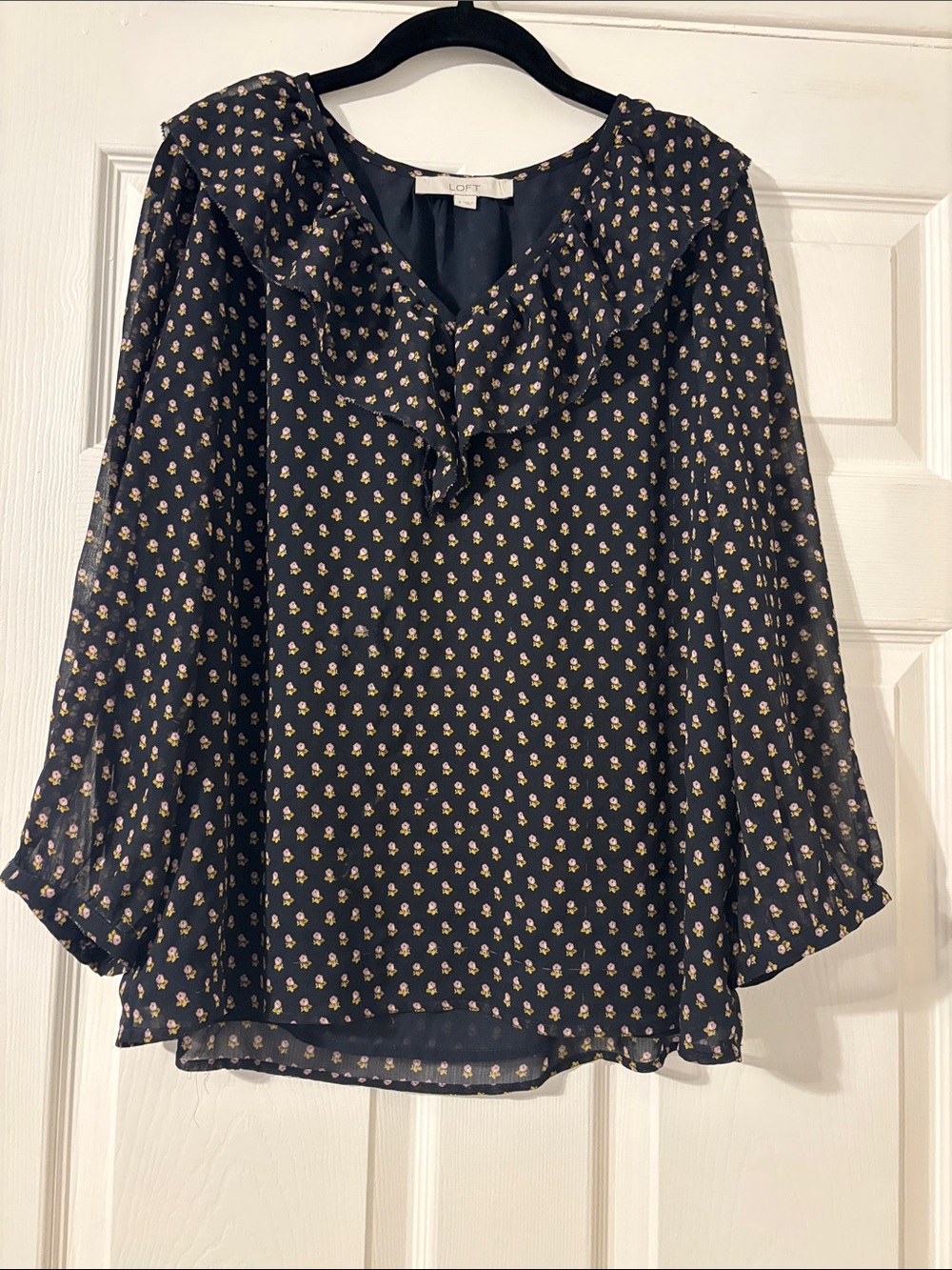 LOFT Navy Floral Ruffle V-Neck Blouse with Cream Accents